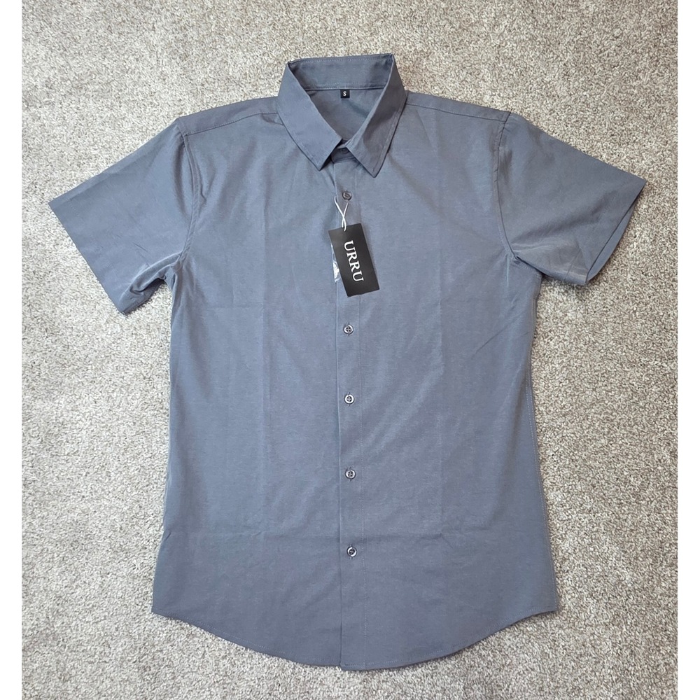 URRU Mens Short Sleeve Button Down Shirt Charcoal Grey Stretch Small NEW
450